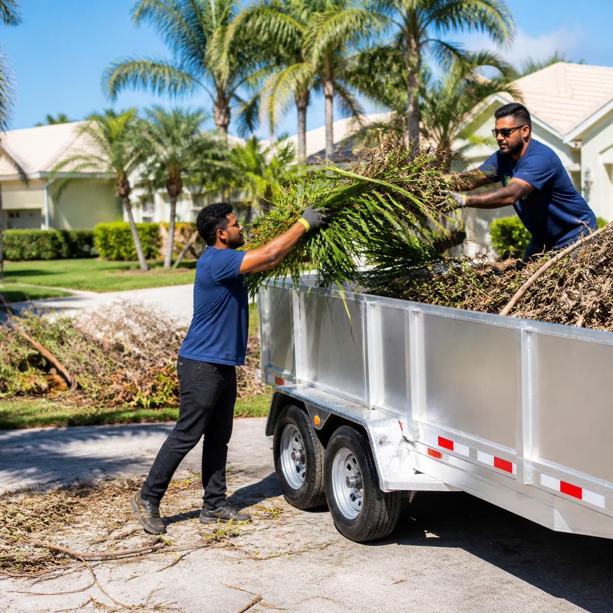 Man in a navy Clear-A-Way shirt loading palm fronds and storm debris into a clean, professional utility trailer